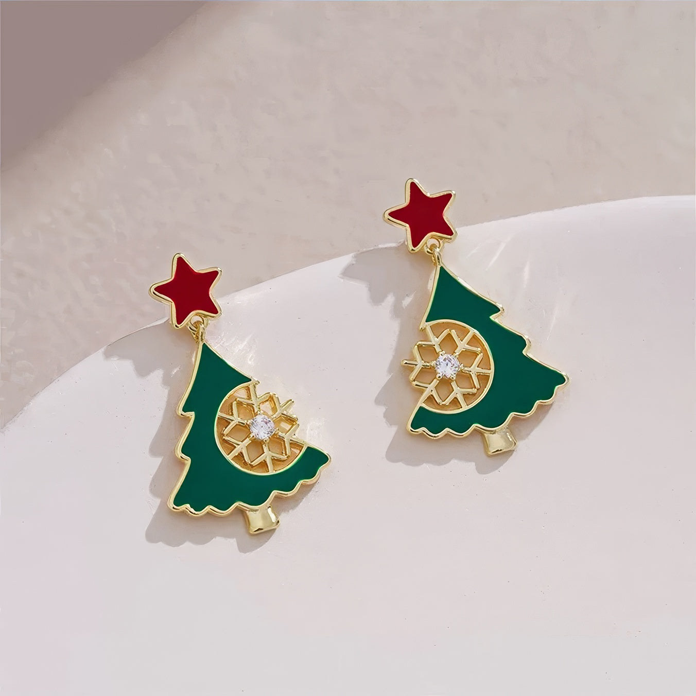 Christmas Tree Dangle Earrings – Festive Holiday Jewelry with Red Star & Sparkling Snowflake Crystal