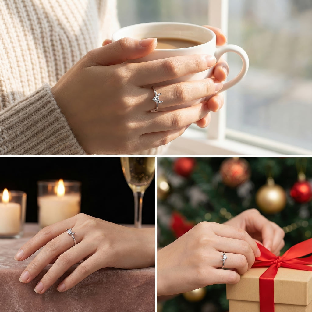 Reindeer Antler Ring – Adjustable Sterling Silver Christmas Ring with Sparkling Crystal | Festive Holiday Jewelry Gift