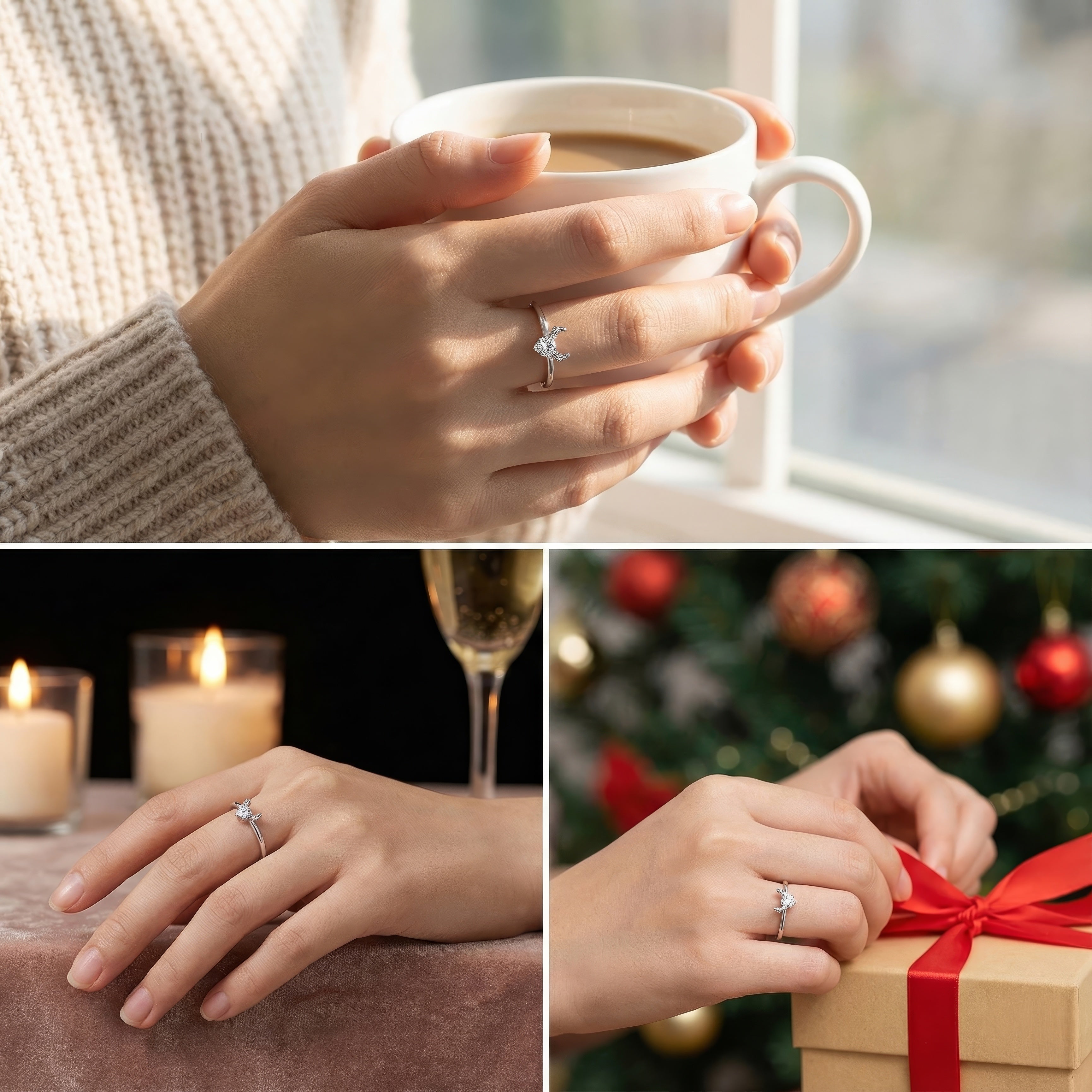 Reindeer Antler Ring – Adjustable Sterling Silver Christmas Ring with Sparkling Crystal | Festive Holiday Jewelry Gift