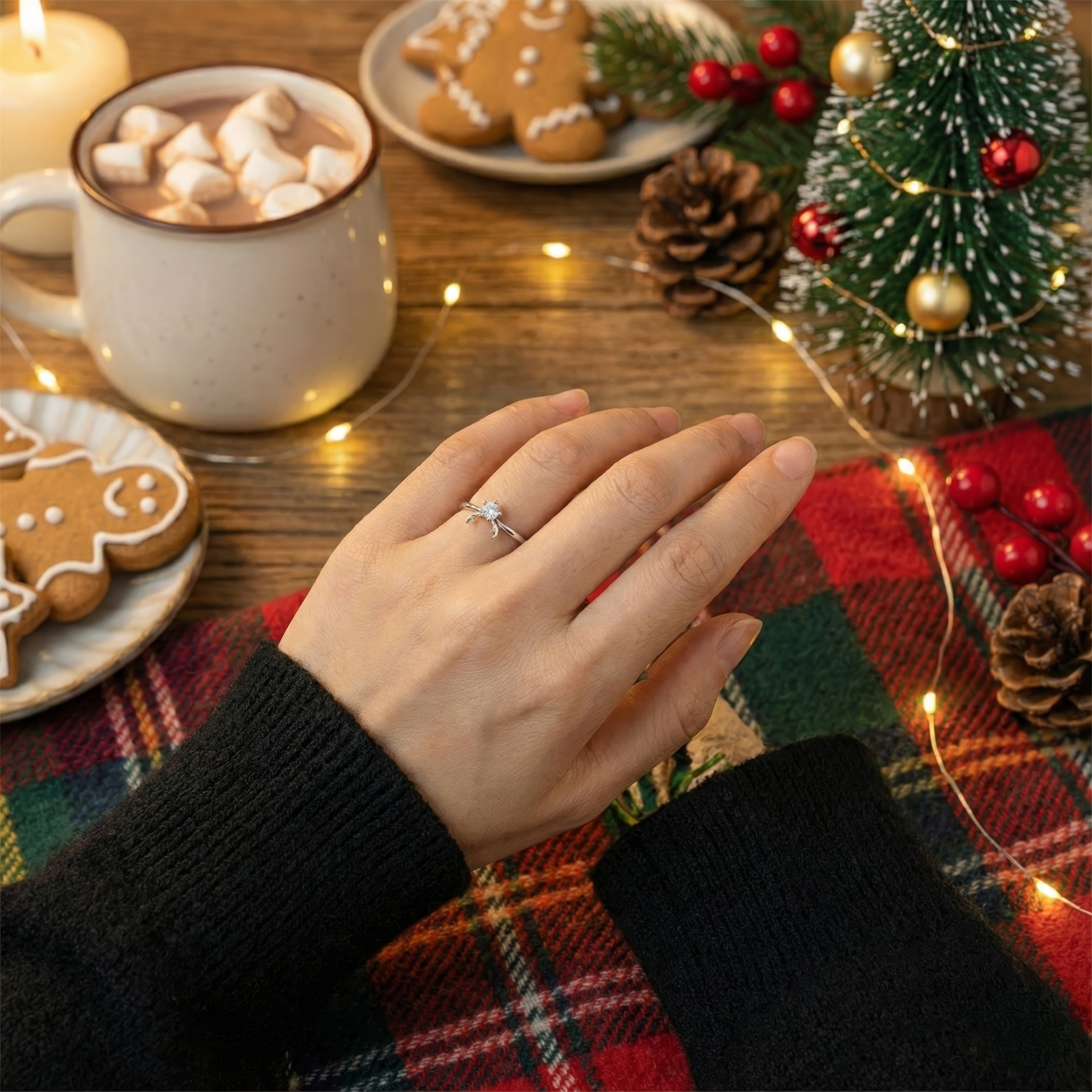 Reindeer Antler Ring – Adjustable Sterling Silver Christmas Ring with Sparkling Crystal | Festive Holiday Jewelry Gift