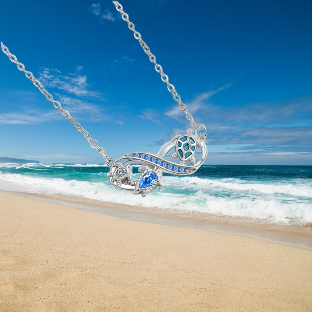 Sea Turtle Infinity Necklace – Ocean Blue Crystal Pendant | Symbol of Eternal Love & Protection
