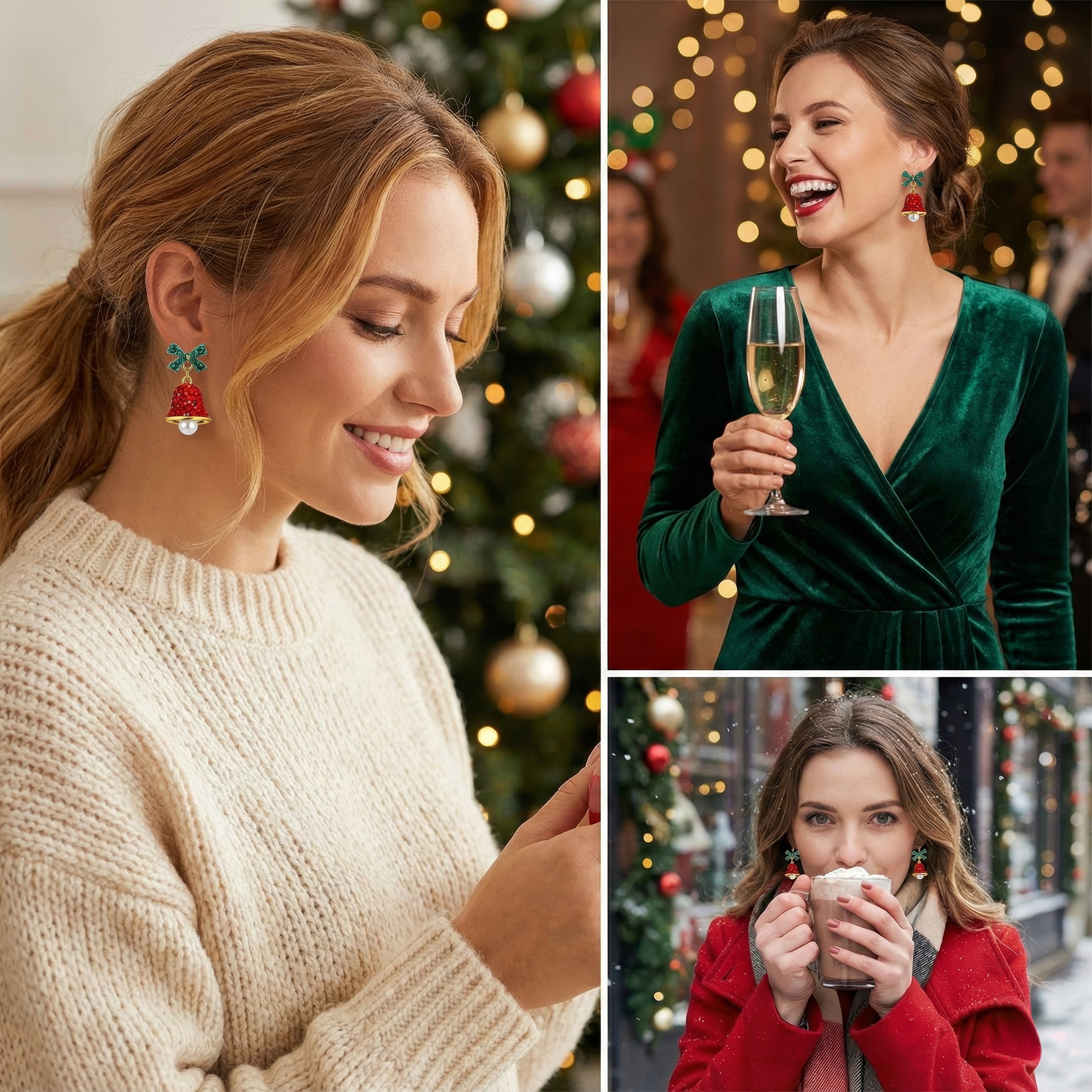 Christmas Bell Earrings – Red Crystal Jingle Bells with Green Bow & Pearl Drop | Festive Holiday Jewelry