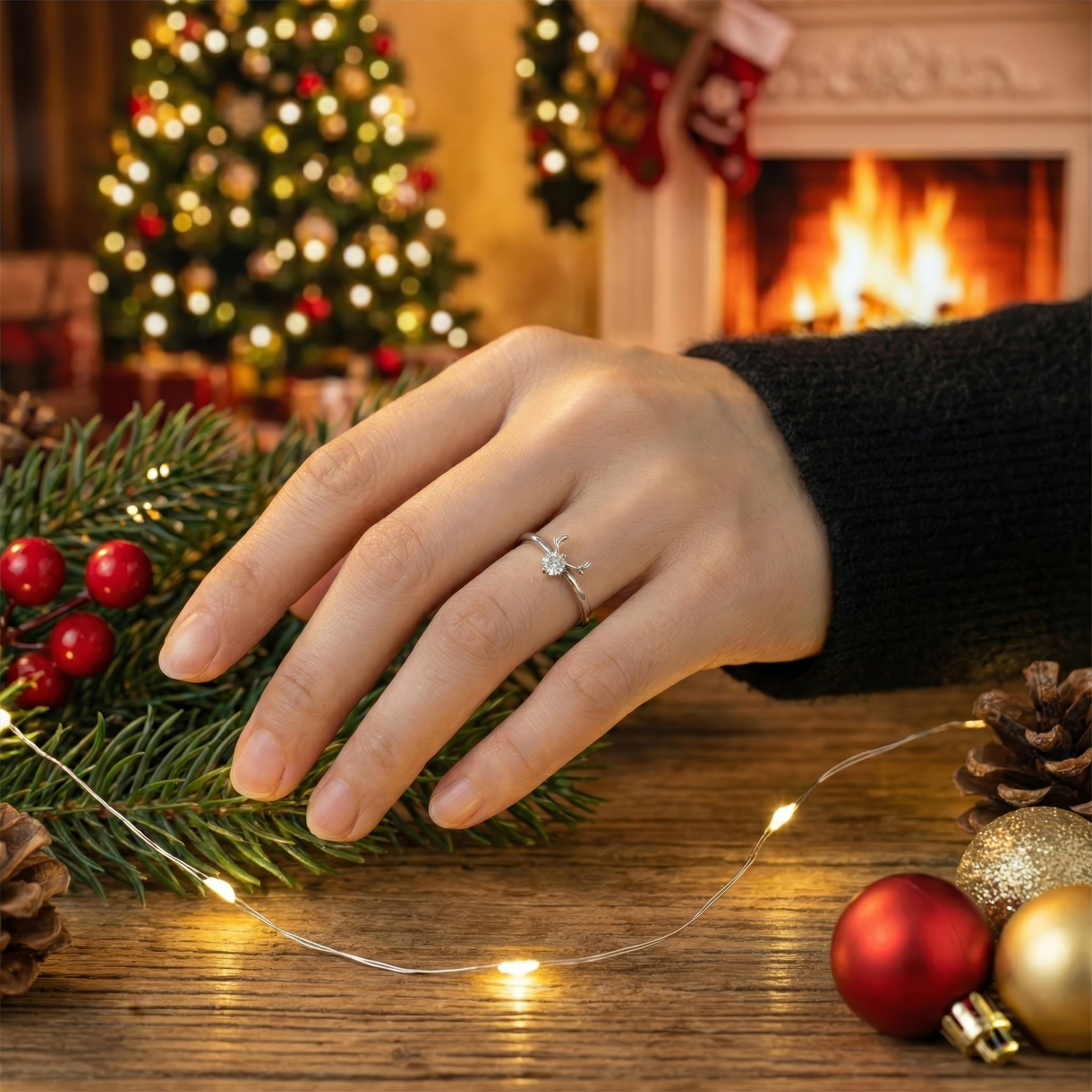 Reindeer Antler Ring – Adjustable Sterling Silver Christmas Ring with Sparkling Crystal | Festive Holiday Jewelry Gift