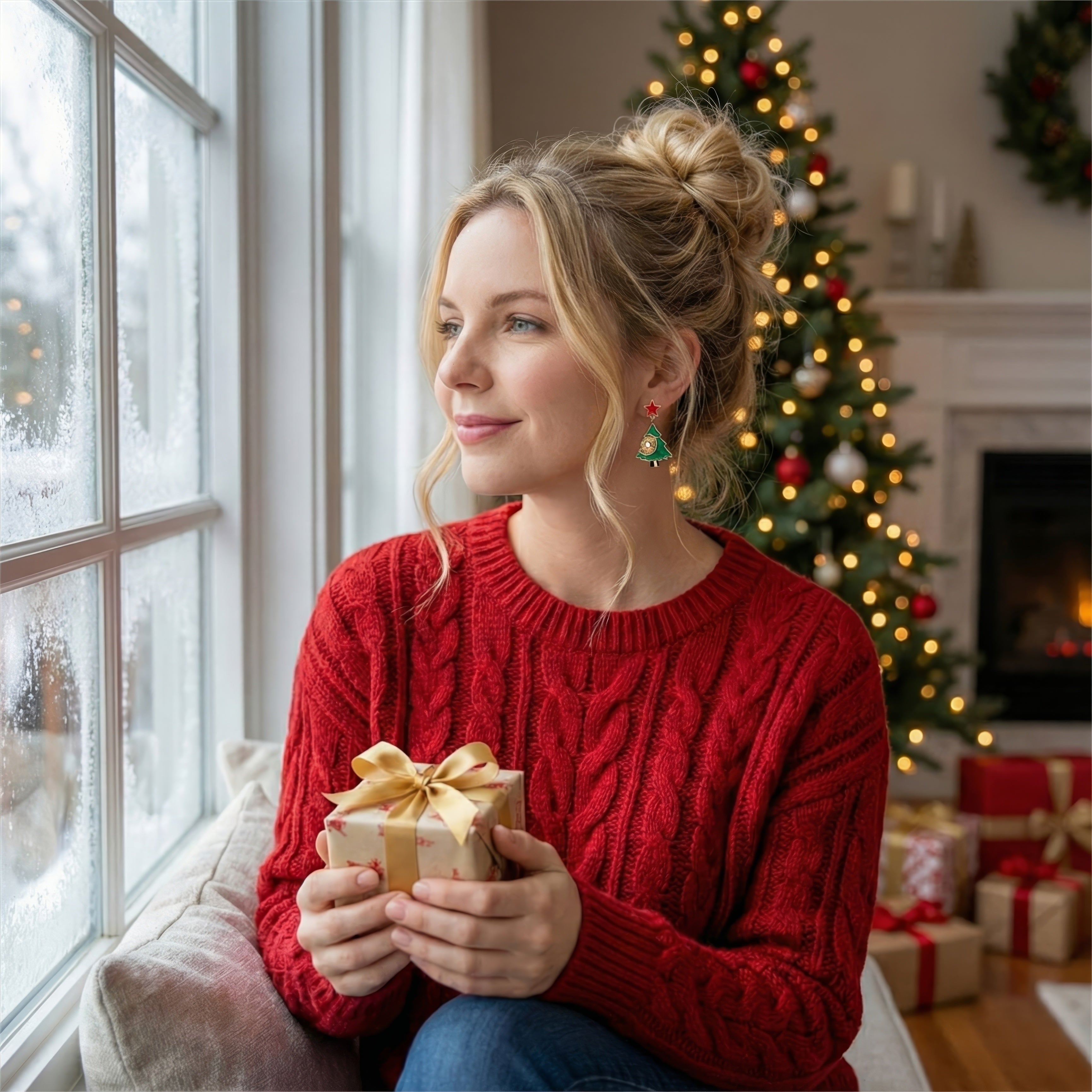 Christmas Tree Dangle Earrings – Festive Holiday Jewelry with Red Star & Sparkling Snowflake Crystal