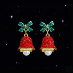 Christmas Bell Earrings – Red Crystal Jingle Bells with Green Bow & Pearl Drop | Festive Holiday Jewelry