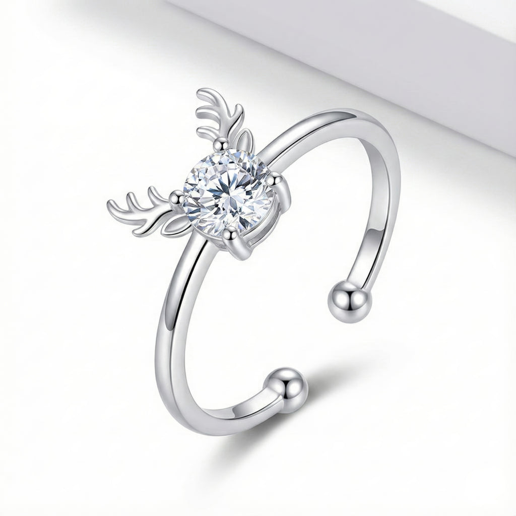 Reindeer Antler Ring – Adjustable Sterling Silver Christmas Ring with Sparkling Crystal | Festive Holiday Jewelry Gift