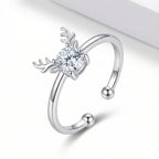Reindeer Antler Ring – Adjustable Sterling Silver Christmas Ring with Sparkling Crystal | Festive Holiday Jewelry Gift