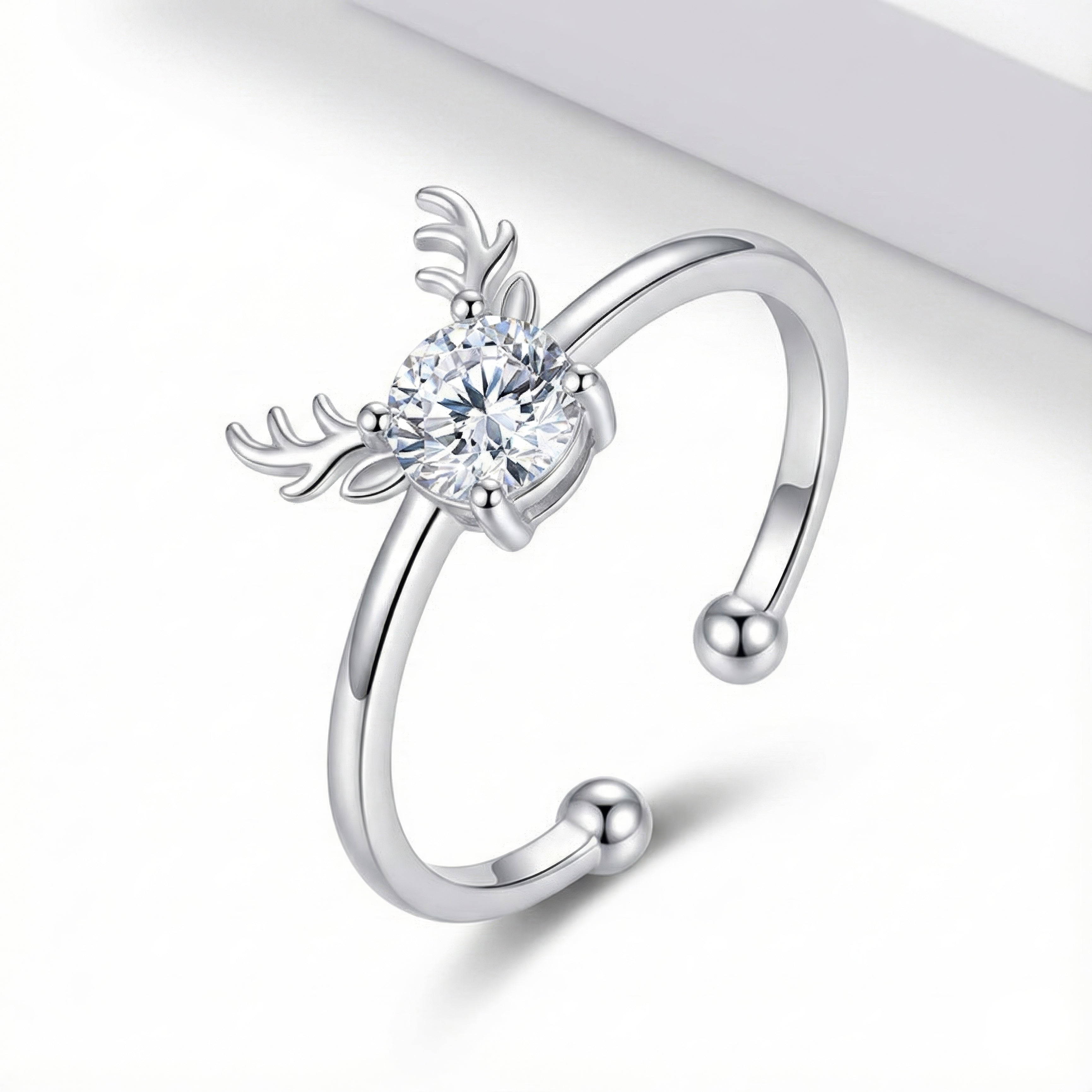 Reindeer Antler Ring – Adjustable Sterling Silver Christmas Ring with Sparkling Crystal | Festive Holiday Jewelry Gift