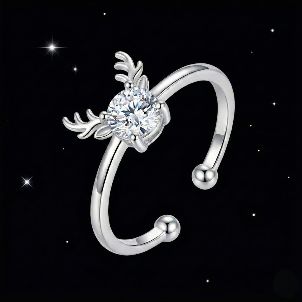 Reindeer Antler Ring – Adjustable Sterling Silver Christmas Ring with Sparkling Crystal | Festive Holiday Jewelry Gift
