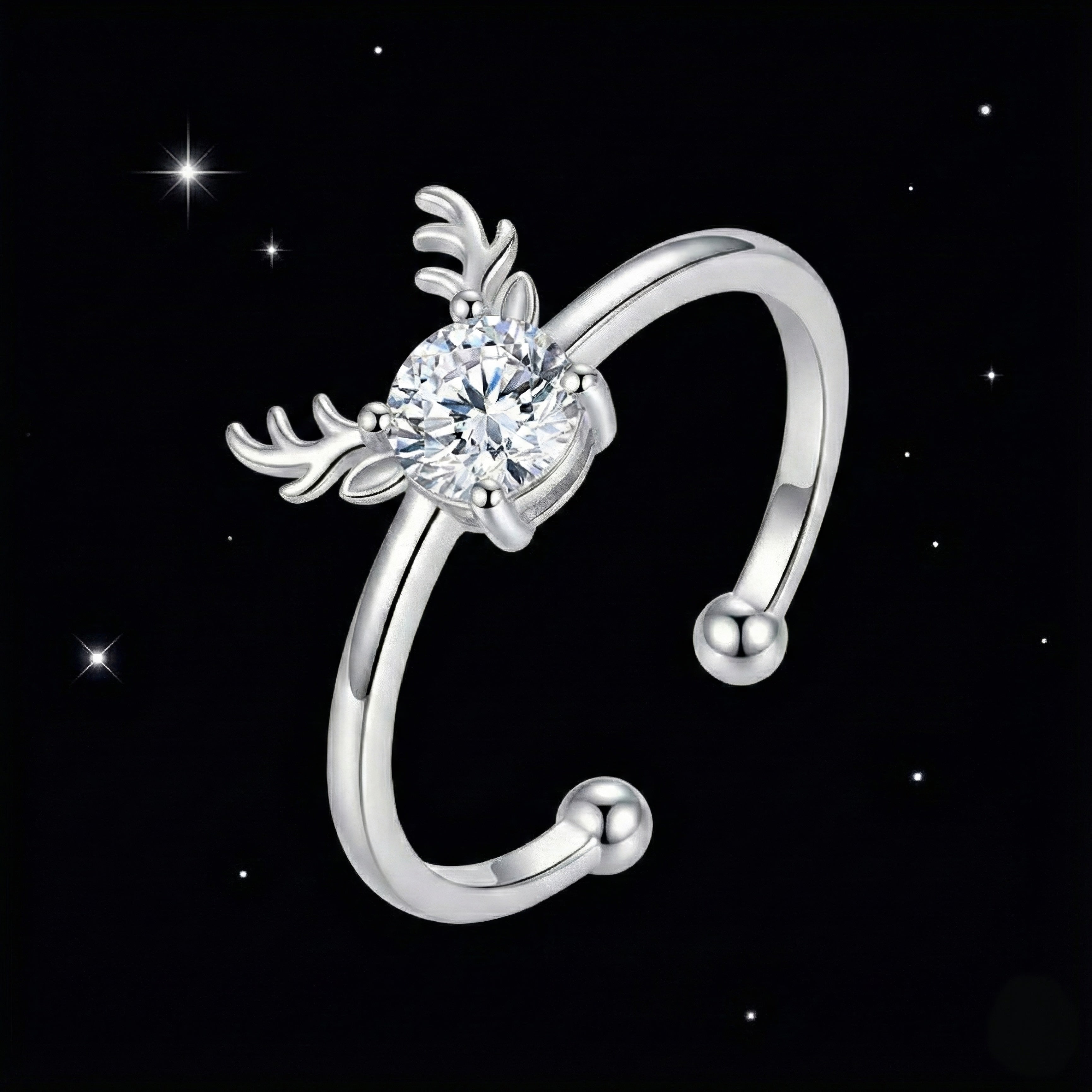 Reindeer Antler Ring – Adjustable Sterling Silver Christmas Ring with Sparkling Crystal | Festive Holiday Jewelry Gift