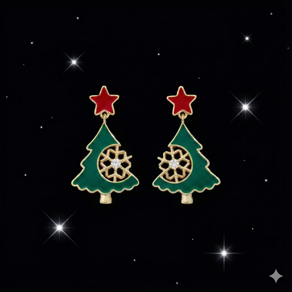 Christmas Tree Dangle Earrings – Festive Holiday Jewelry with Red Star & Sparkling Snowflake Crystal