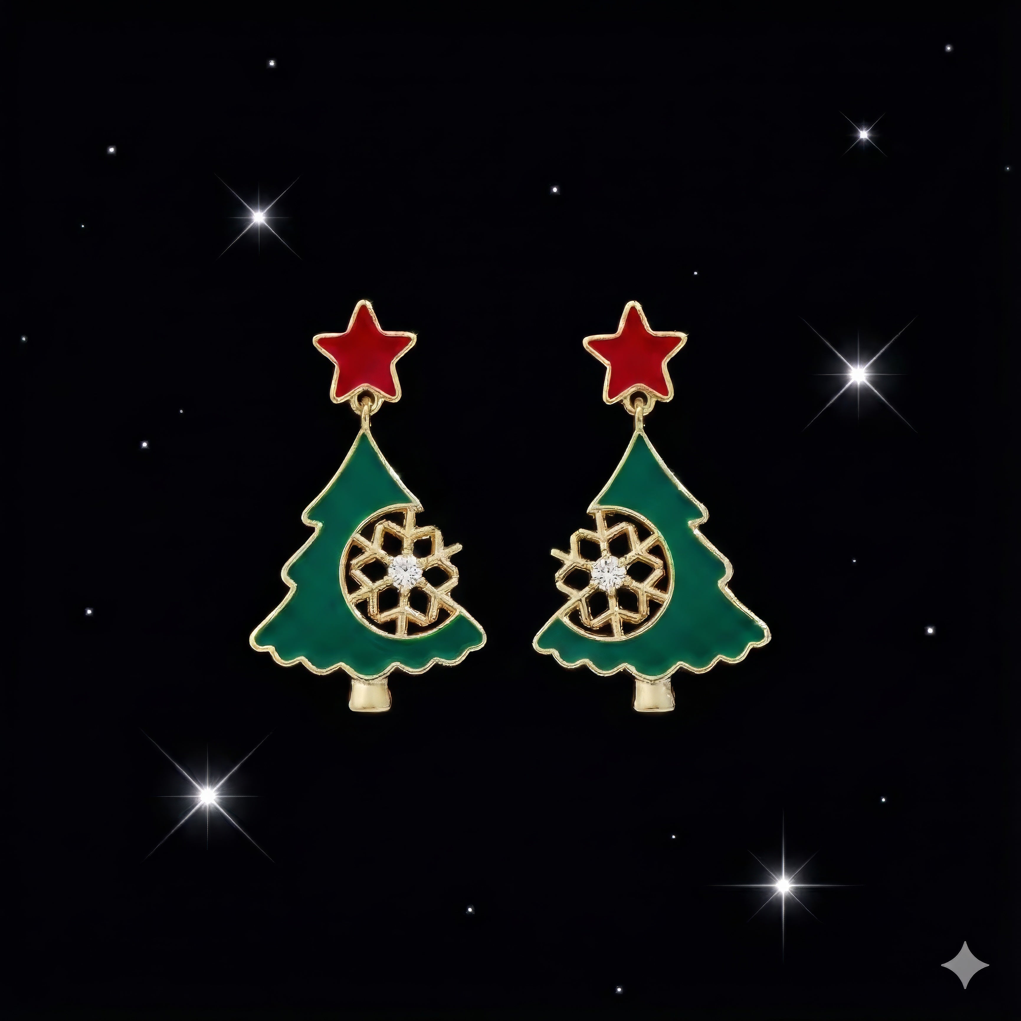 Christmas Tree Dangle Earrings – Festive Holiday Jewelry with Red Star & Sparkling Snowflake Crystal