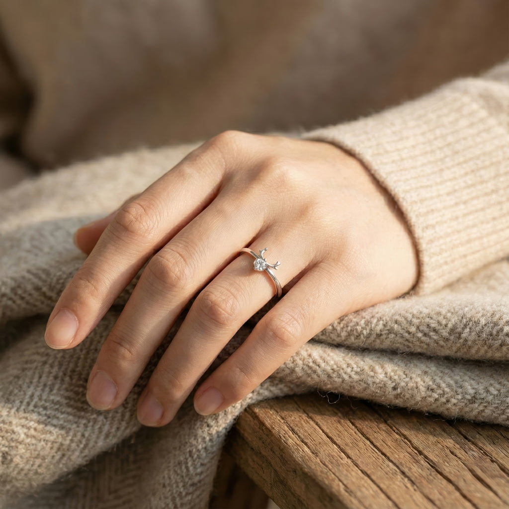 Reindeer Antler Ring – Adjustable Sterling Silver Christmas Ring with Sparkling Crystal | Festive Holiday Jewelry Gift