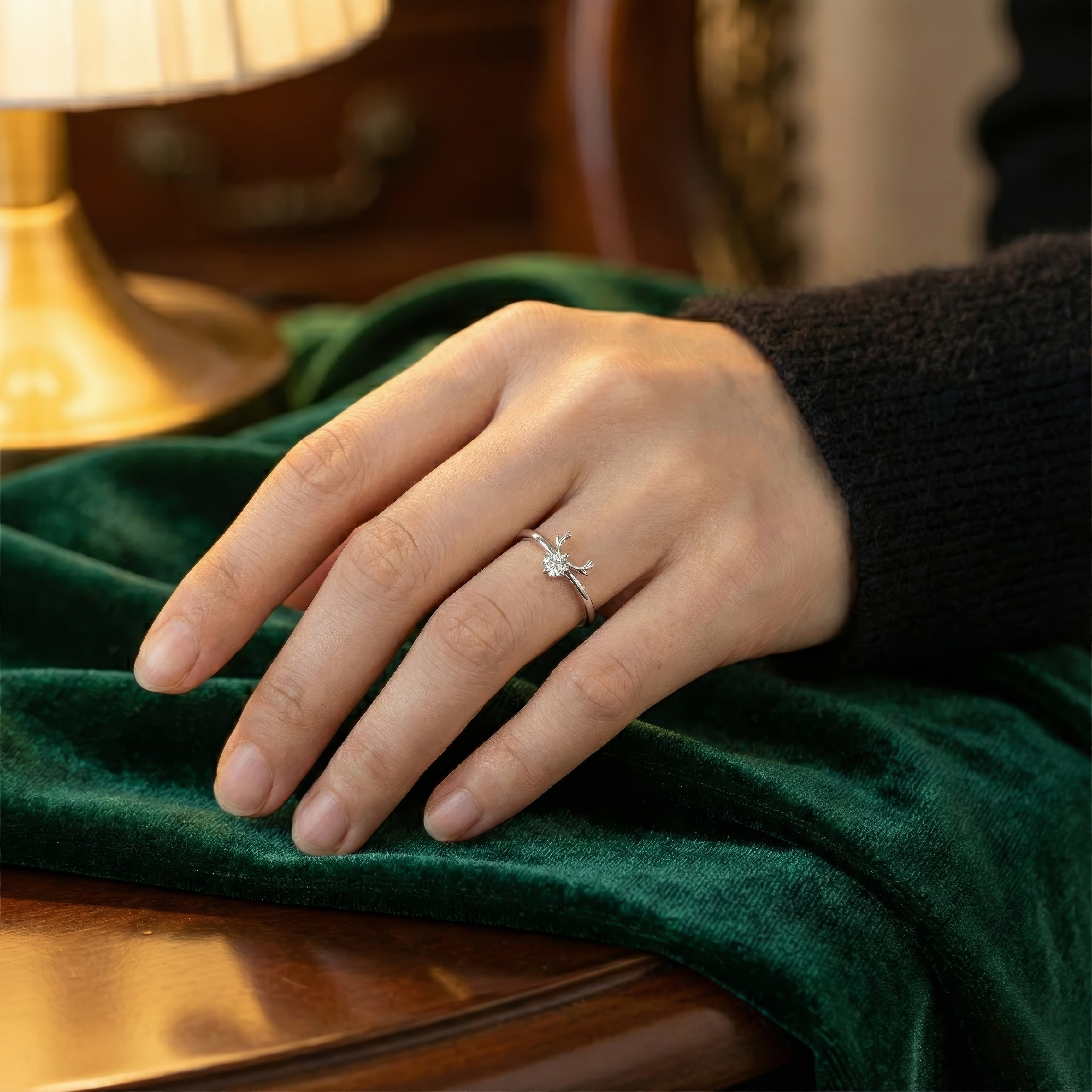 Reindeer Antler Ring – Adjustable Sterling Silver Christmas Ring with Sparkling Crystal | Festive Holiday Jewelry Gift