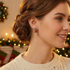 Christmas Bell Earrings – Red Crystal Jingle Bells with Green Bow & Pearl Drop | Festive Holiday Jewelry