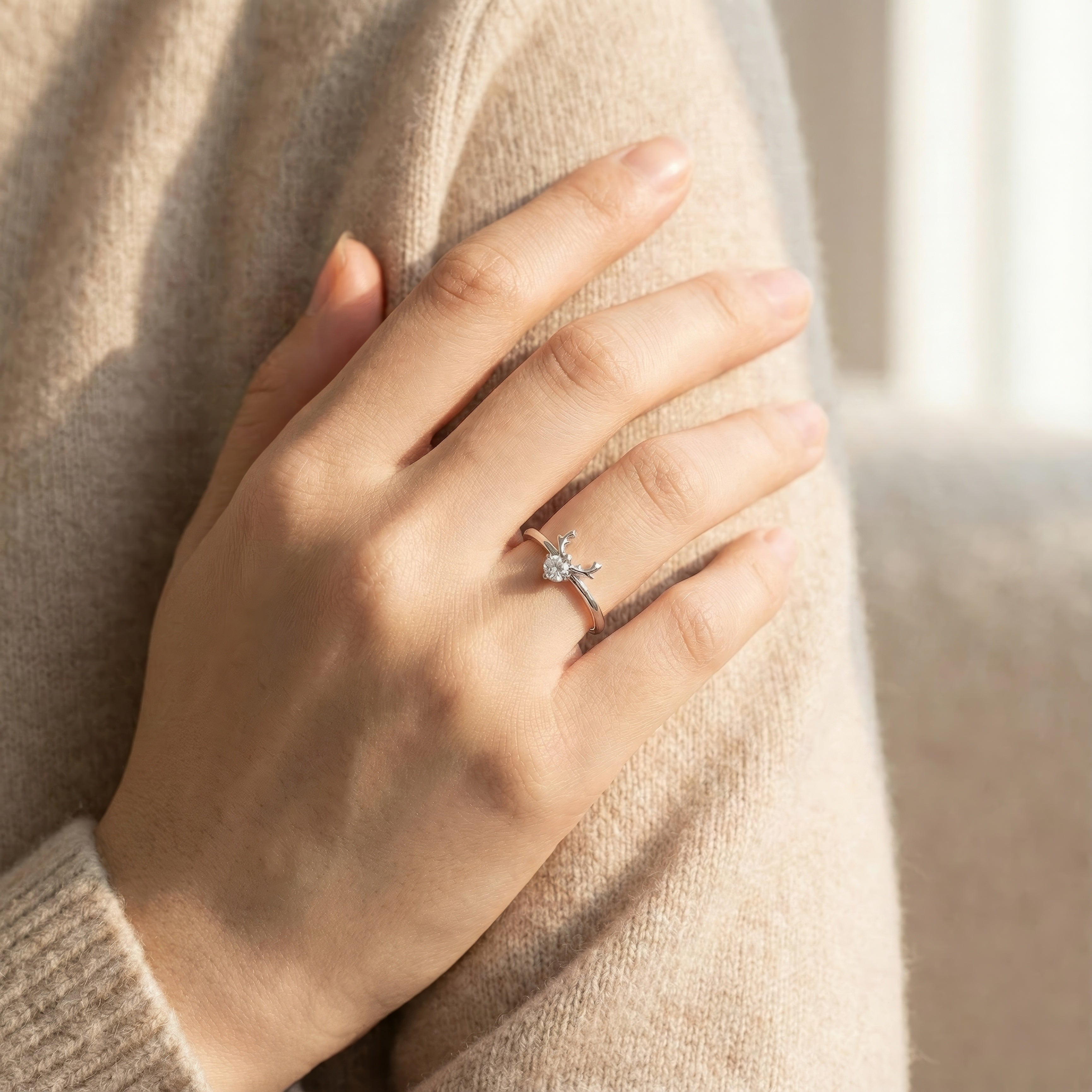 Reindeer Antler Ring – Adjustable Sterling Silver Christmas Ring with Sparkling Crystal | Festive Holiday Jewelry Gift