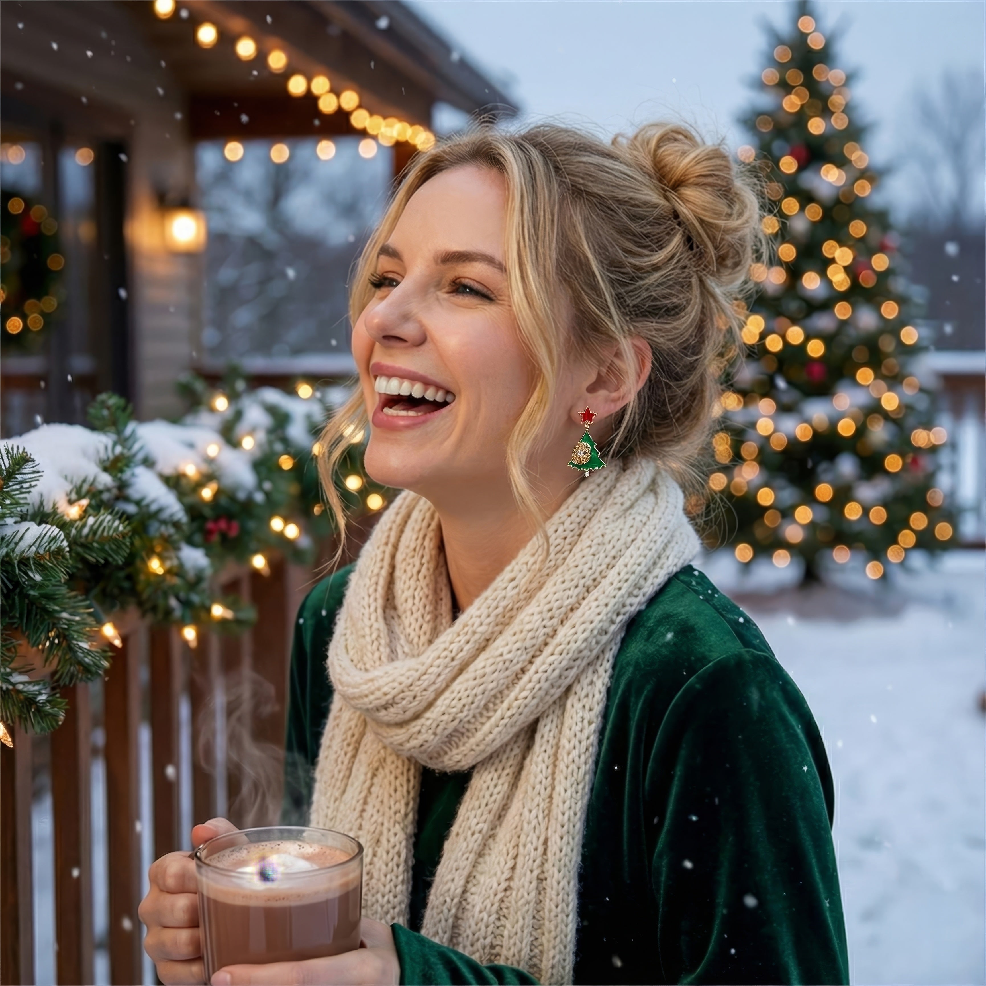 Christmas Tree Dangle Earrings – Festive Holiday Jewelry with Red Star & Sparkling Snowflake Crystal