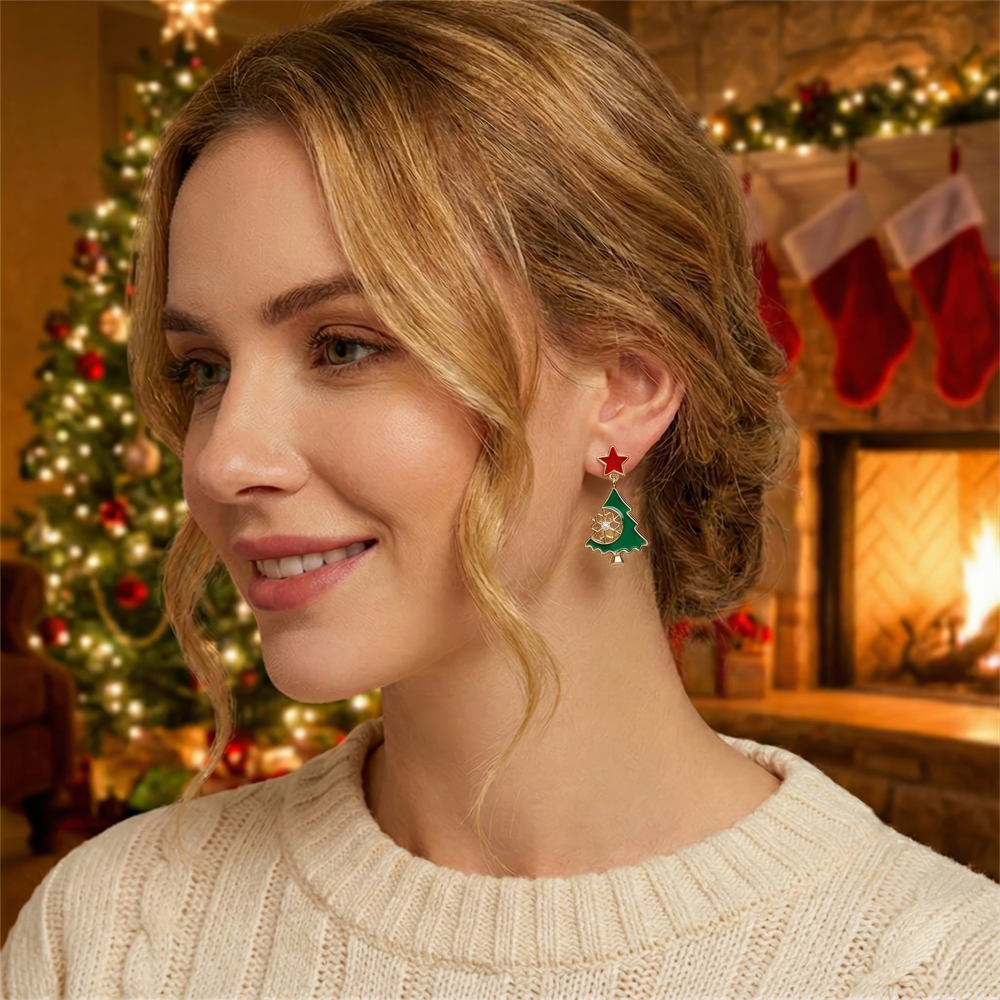 Christmas Tree Dangle Earrings – Festive Holiday Jewelry with Red Star & Sparkling Snowflake Crystal