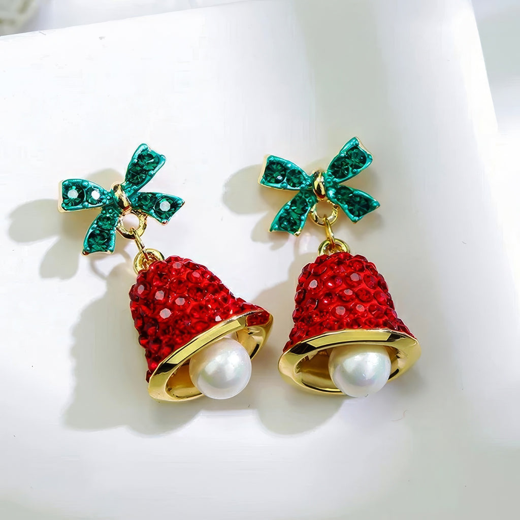 Christmas Bell Earrings – Red Crystal Jingle Bells with Green Bow & Pearl Drop | Festive Holiday Jewelry