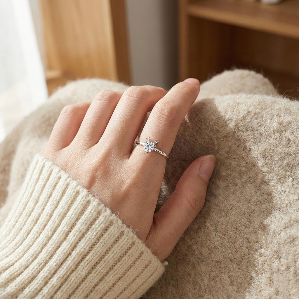 Reindeer Antler Ring – Adjustable Sterling Silver Christmas Ring with Sparkling Crystal | Festive Holiday Jewelry Gift