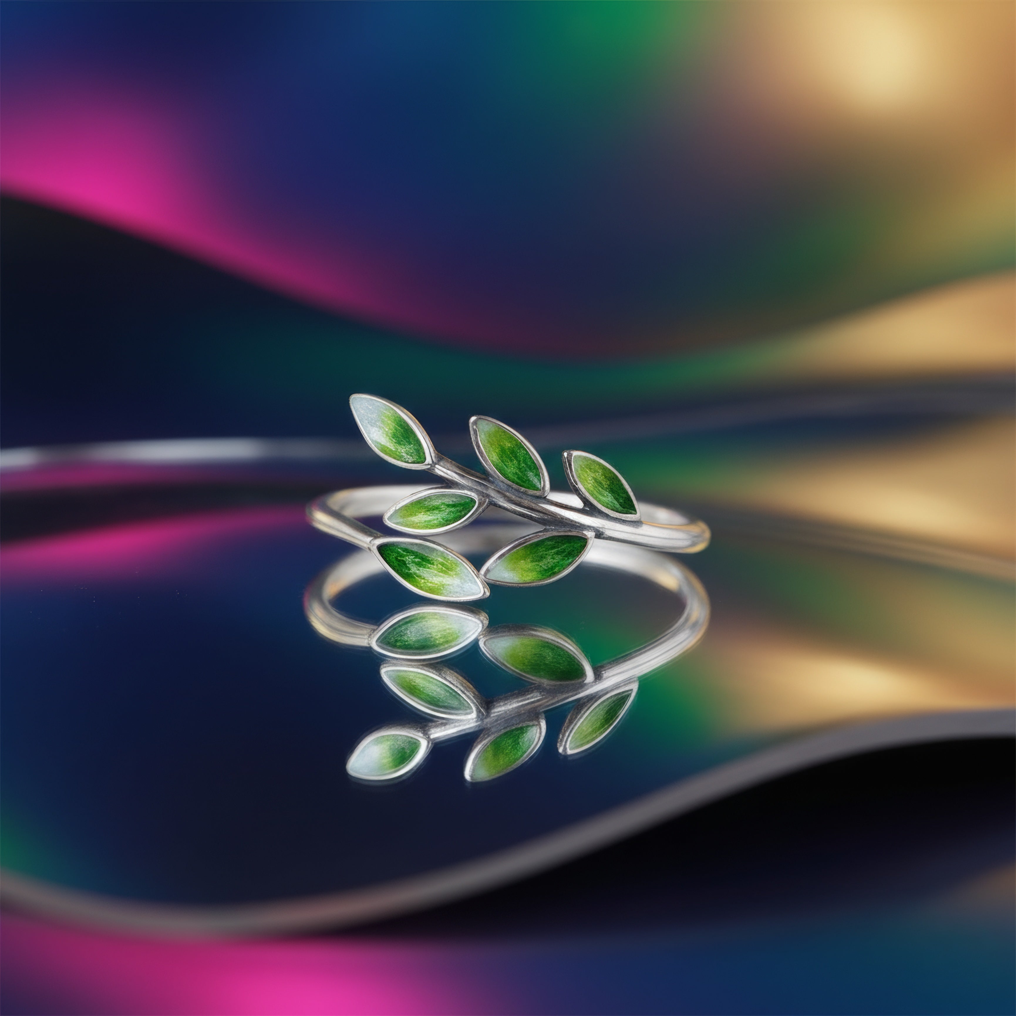 Emerald Leaf Silver Ring – Nature-Inspired Adjustable Design