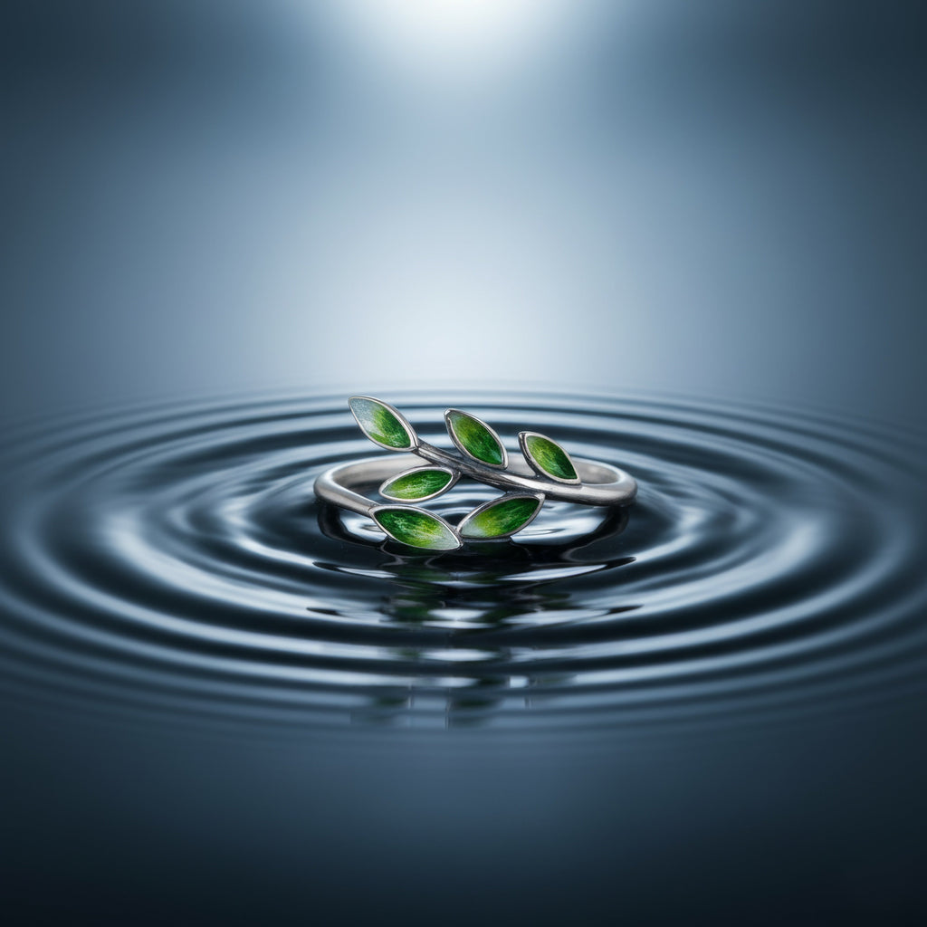 Emerald Leaf Silver Ring – Nature-Inspired Adjustable Design