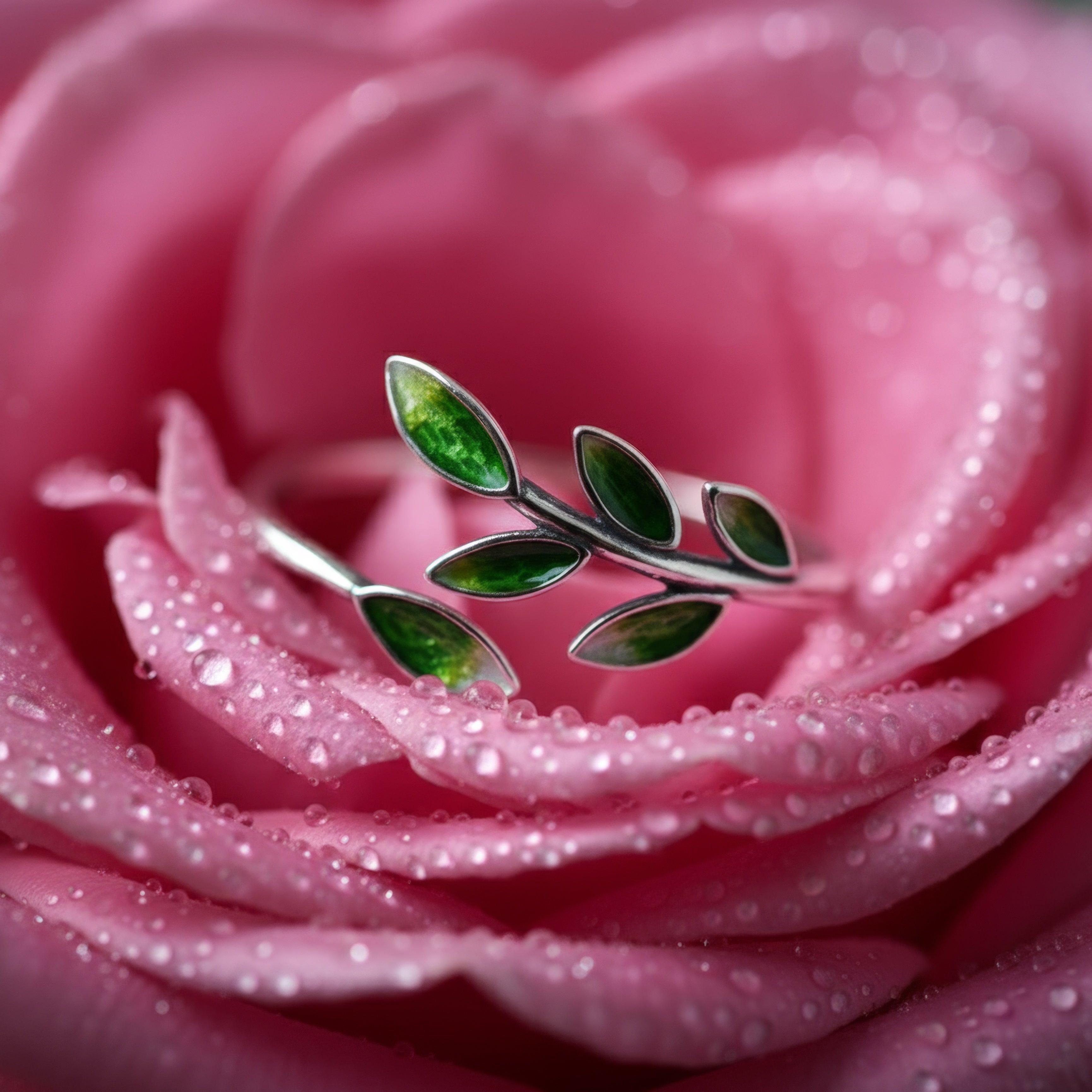 Emerald Leaf Silver Ring – Nature-Inspired Adjustable Design