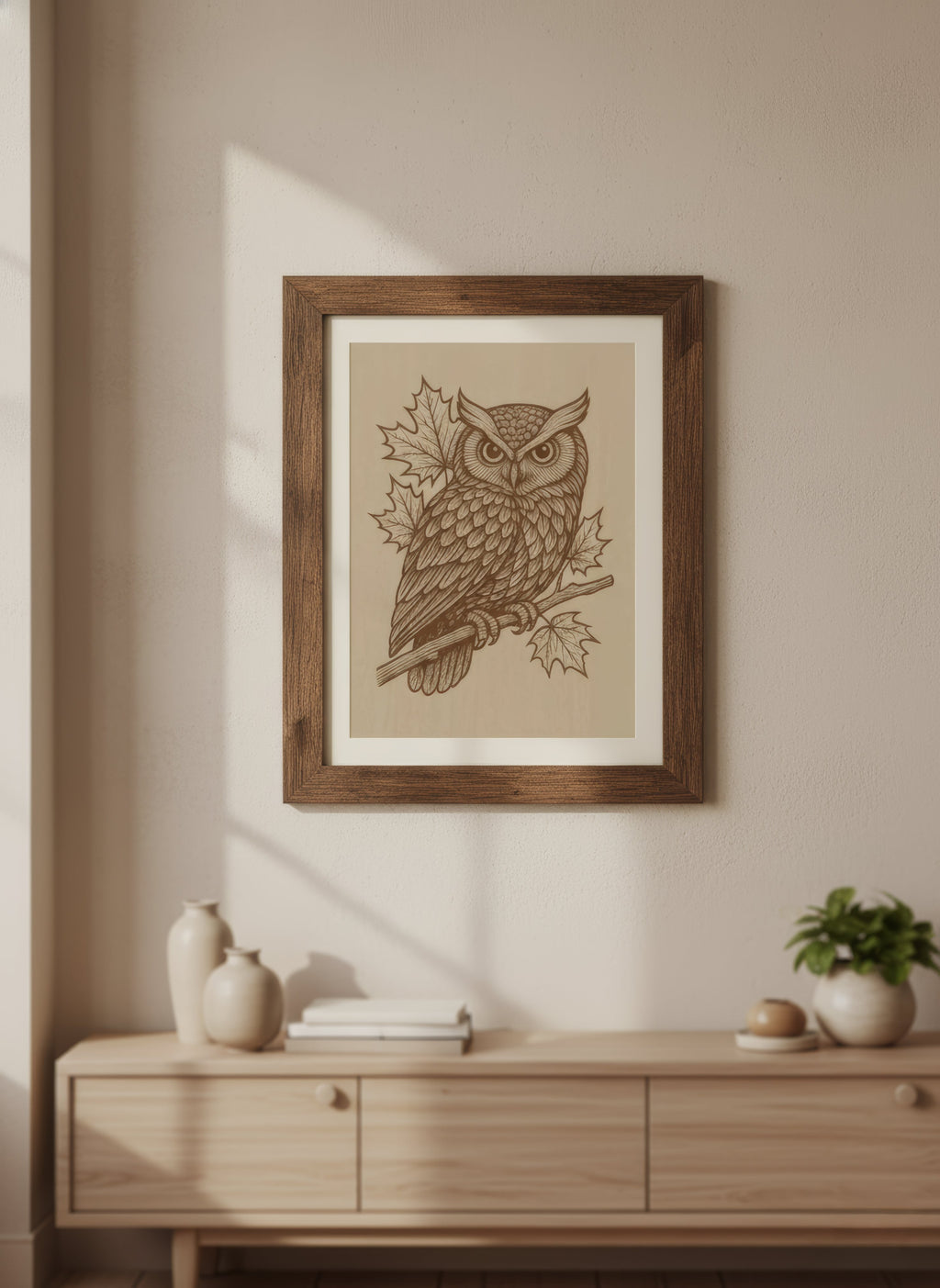 Laser Engraved Wooden Owl Wall Art – Detailed Maple Leaf Design