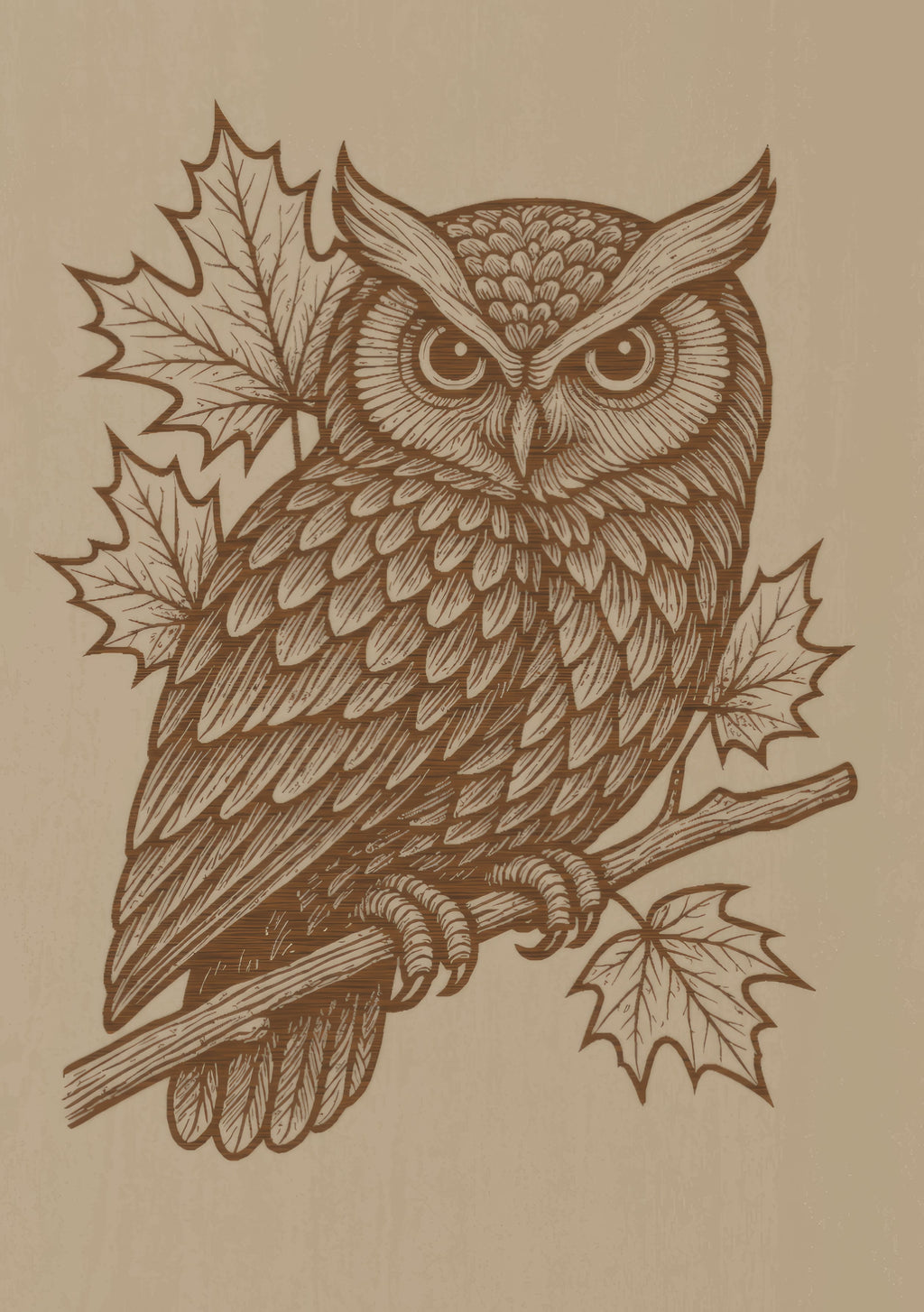 Laser Engraved Wooden Owl Wall Art – Detailed Maple Leaf Design