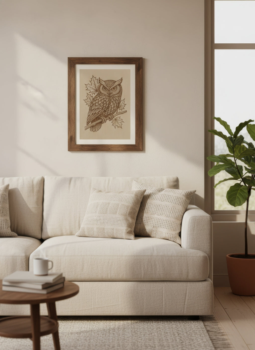 Laser Engraved Wooden Owl Wall Art – Detailed Maple Leaf Design