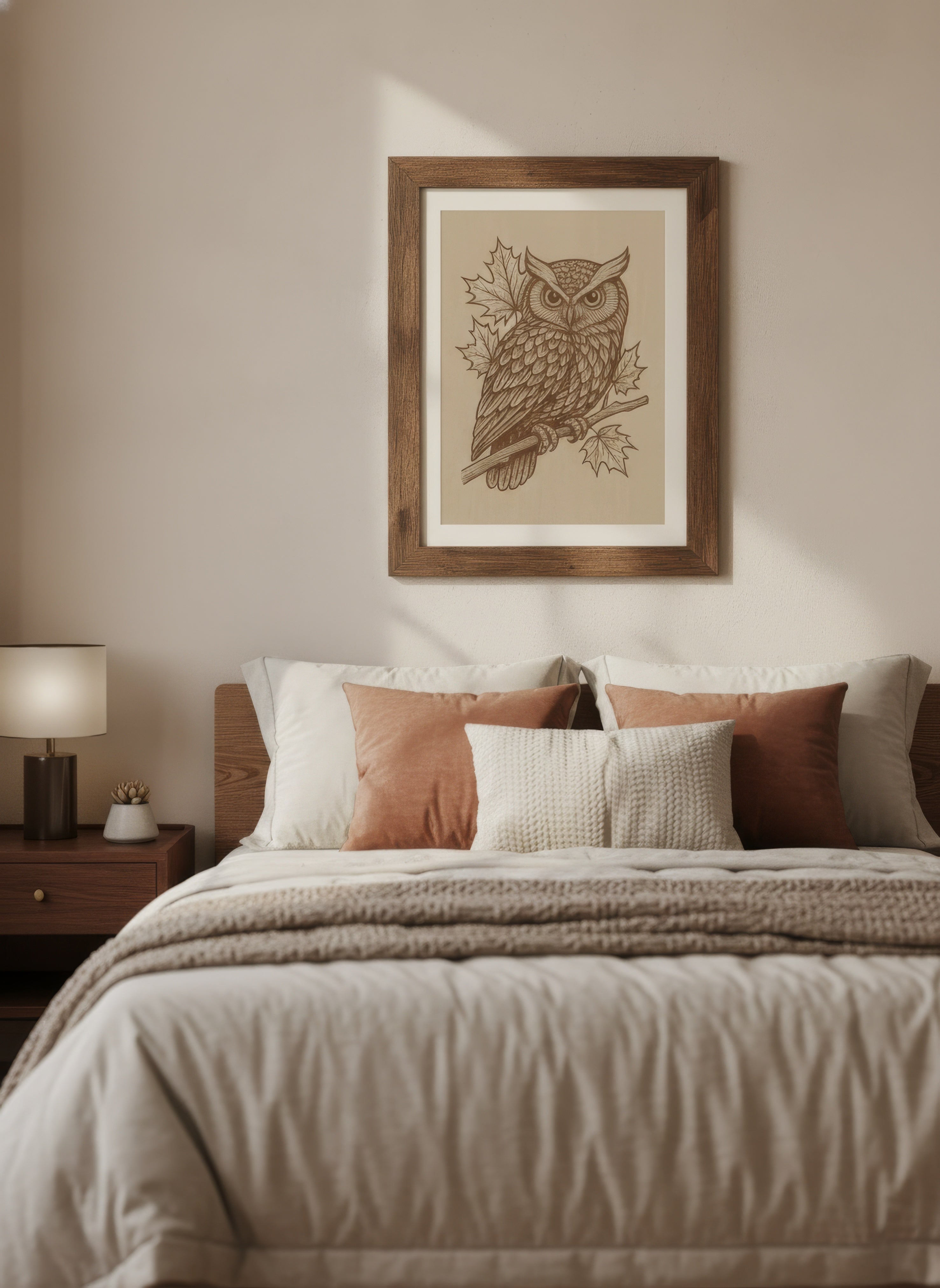 Laser Engraved Wooden Owl Wall Art – Detailed Maple Leaf Design