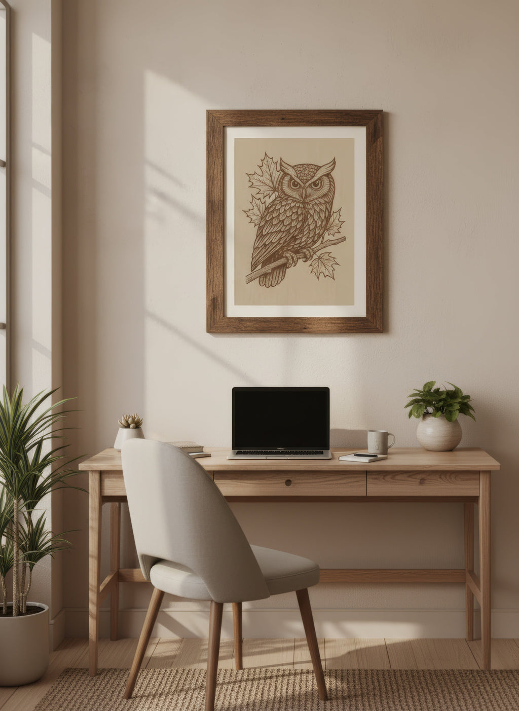 Laser Engraved Wooden Owl Wall Art – Detailed Maple Leaf Design